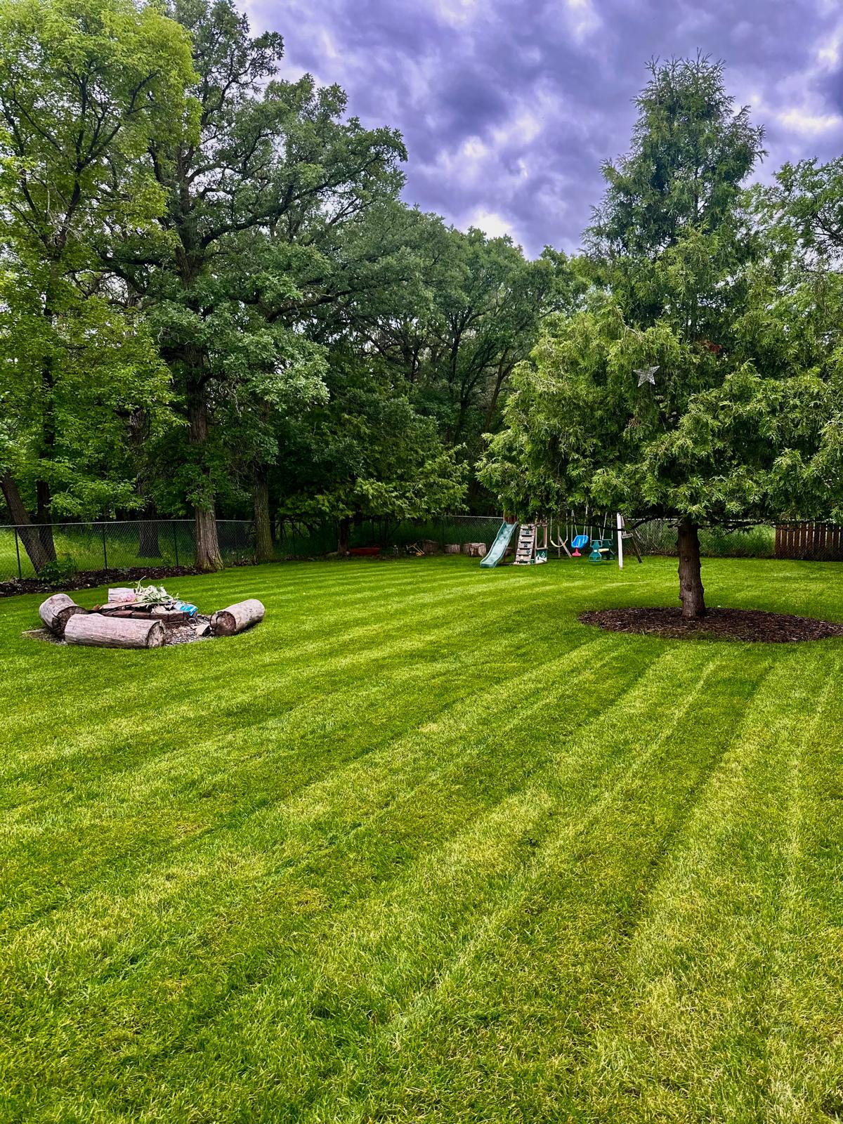 A freshly mowed lawn in a backyard